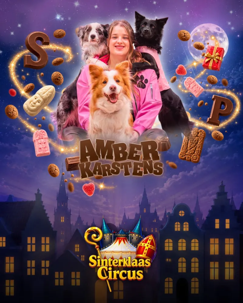 Amber Karstens met haar drie bordercollies, haar naam in chocoladeletters
