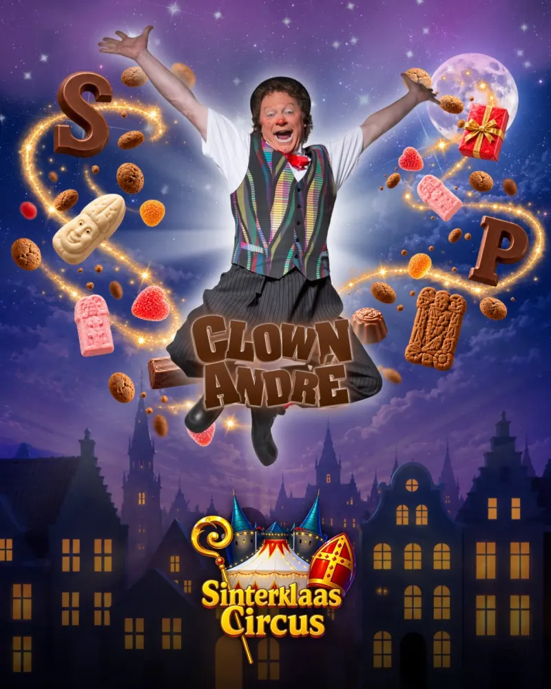Clown André maakt een sprong, zijn naam in chocoladeletters