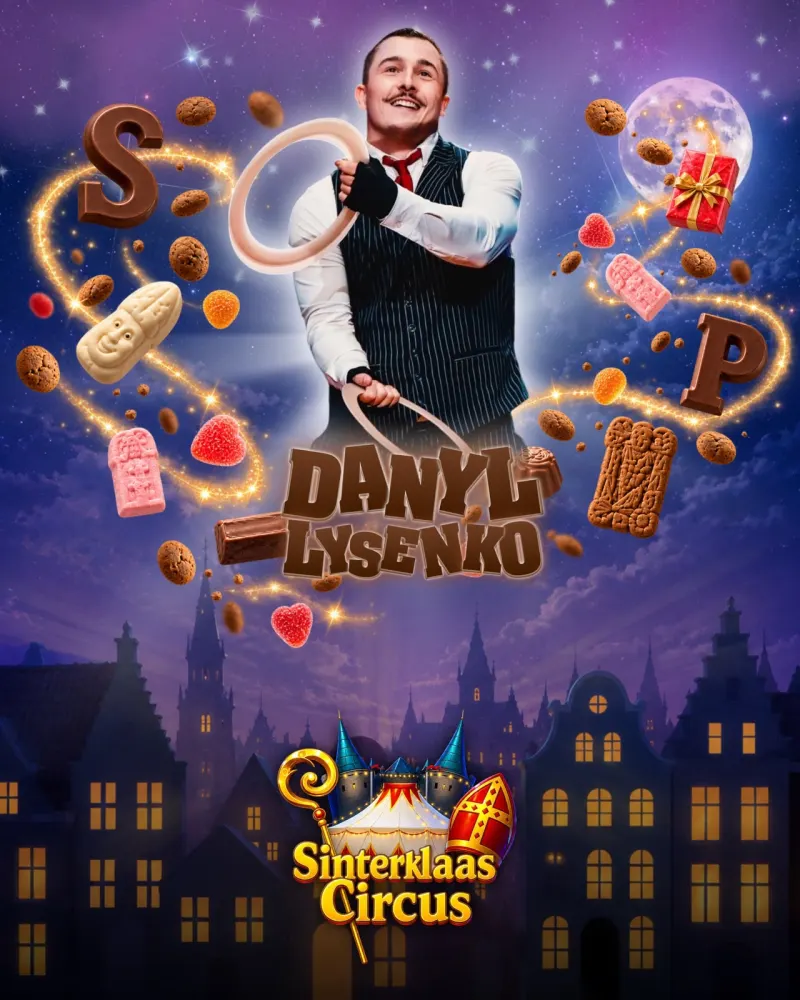 Jongleur Danyl Lysenko met ringen, zijn naam in chocoladeletters