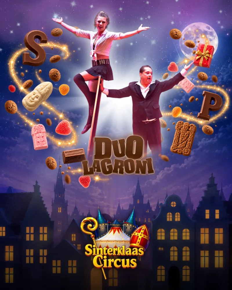 Duo Lagroni: zij staat op een paal die hij in balans houdt, hun naam in chocoladeletters