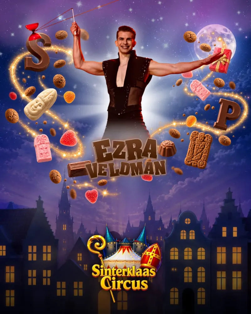 Ezra Veldman met een diabolo, zijn naam in chocoladeletters