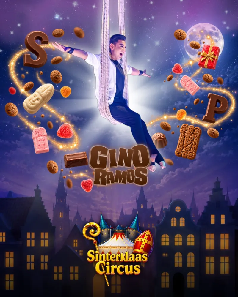 Luchtacrobaat Gino Ramos in de doeken, zijn naam in chocoladeletters