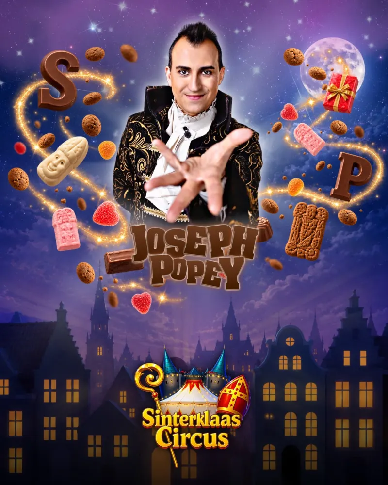 Illusionist Joseph Popey in een geborduurd jasje, zijn naam in chocoladeletters