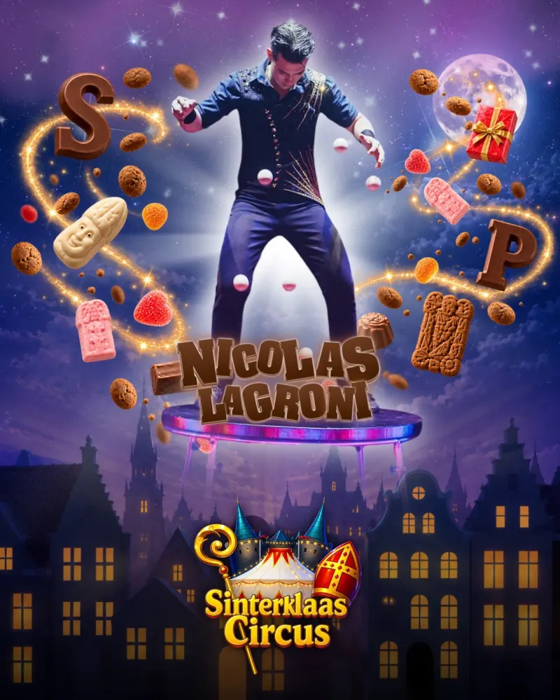 Jongleur Nicolas Lagroni met stuiterballen, zijn naam in chocoladeletters