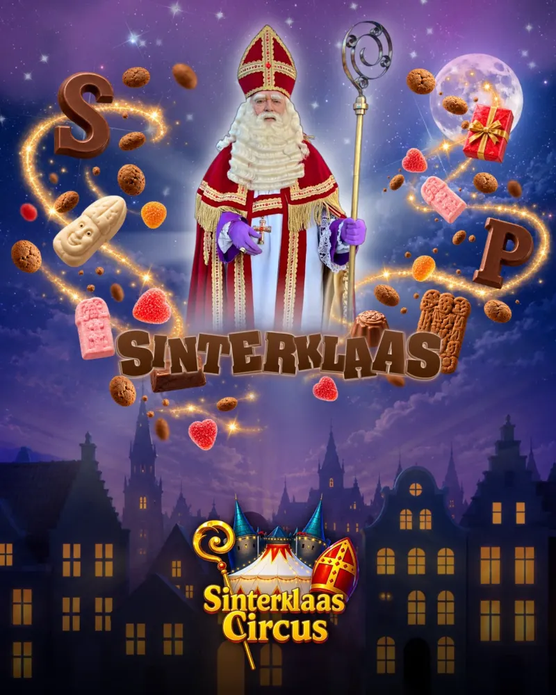 Sinterklaas met mijter en staf, zijn naam in chocoladeletters